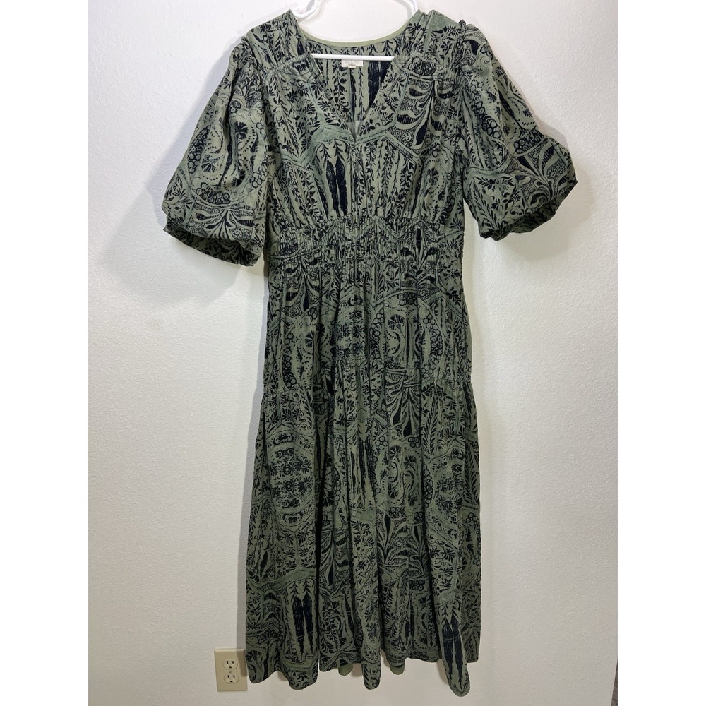 Pilcro Anthropologie Dress L Corduroy Green Black Tiered Puff Sleeve Pockets